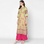 Cheera Hand Block Print Khaki Straight Kurta (MAAI-053K)