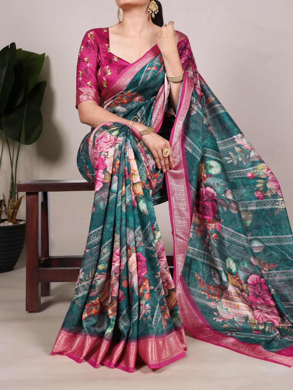 Vastranavya Green Tussar Silk Printed with Viscose Border Saree with Unstitched Blouse - Distacart