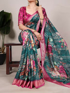 Vastranavya Green Tussar Silk Printed with Viscose Border Saree with Unstitched Blouse - Distacart