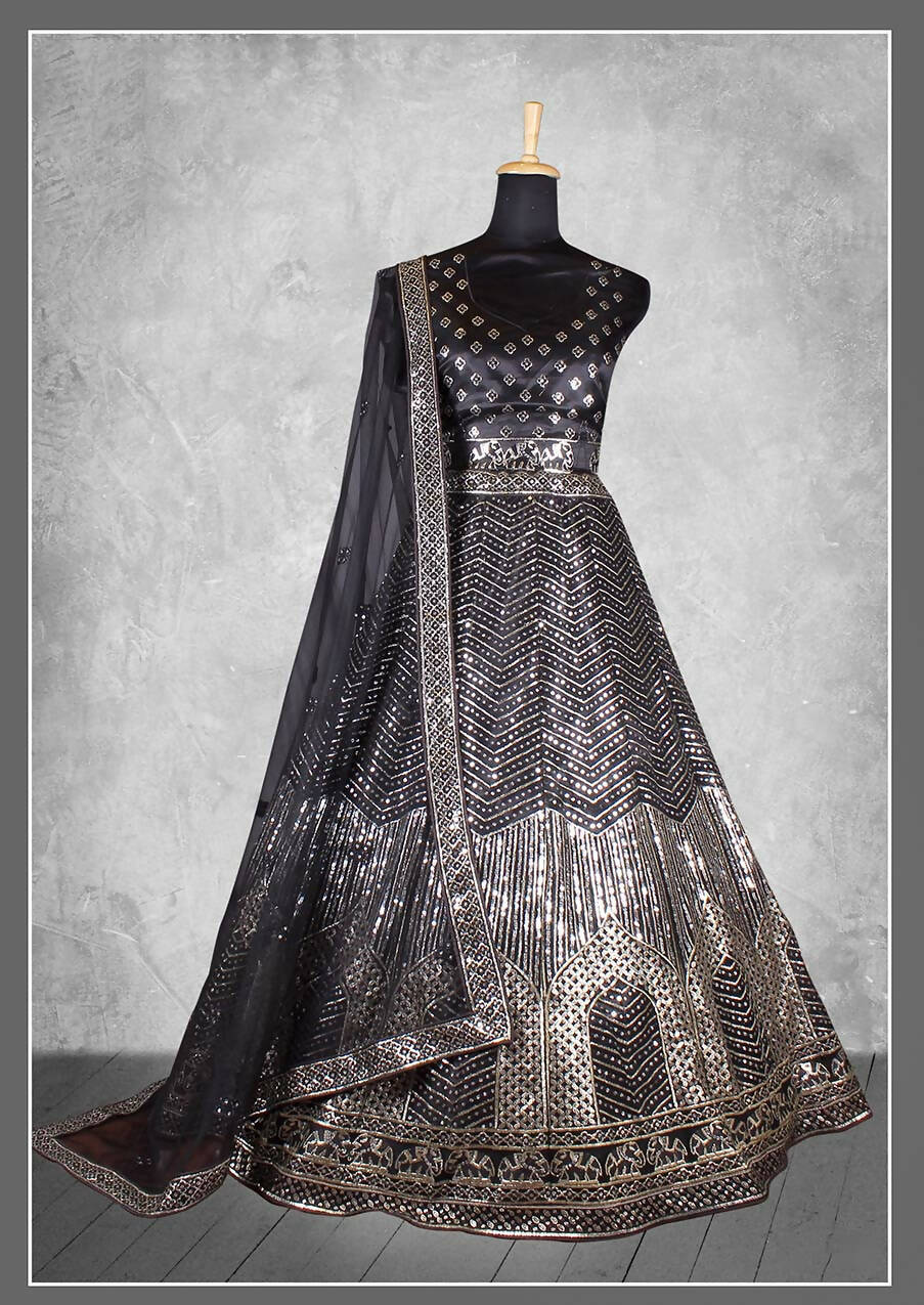 Black Satin Silk Cord and sequins Floral embroidery Bridal lahenga Choli with Dupatta - Nimaya Pavitra Rista