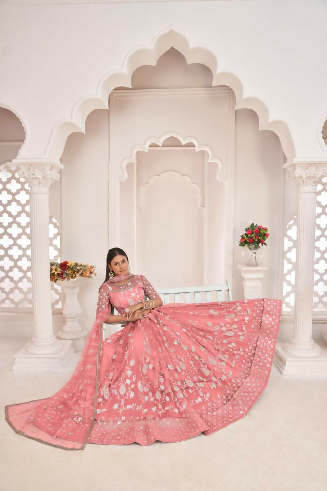 Aastha Fashion Gajari Butterfly Net White Cotton Thread Work, Zari Work And Sandwich Sequence Work Embroidery Wedding Wear Lehenga Choli