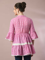 Myshka Women's Pink Embellished Cotton Gathered Party Empire Top