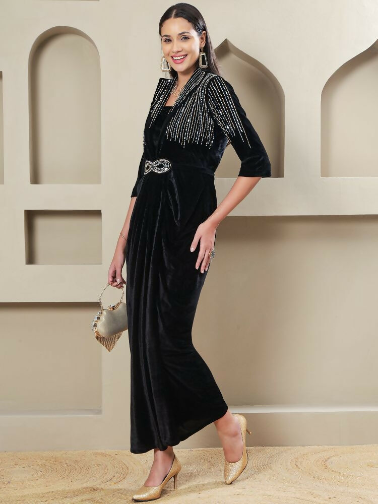 Joban Fashion Women Black Velvet Hand Embellishment Stitched Dress - Distacart