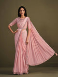 Peach Georgette Crepe Silk Sequence Embroidered Saree With Stitched Blouse - Mohmanthan La Belle