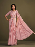 Peach Georgette Crepe Silk Sequence Embroidered Saree With Stitched Blouse - Mohmanthan La Belle