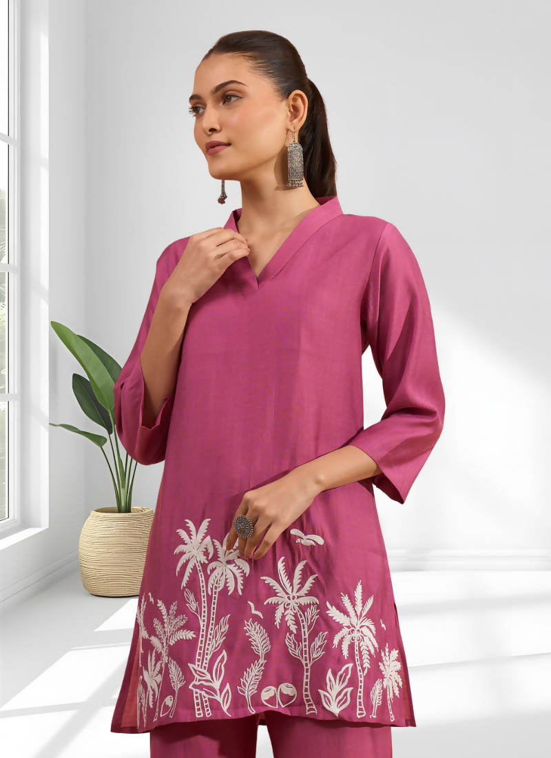 Joban Fashion Pink Silk Embroidered Readymade Cord Set - Distacart