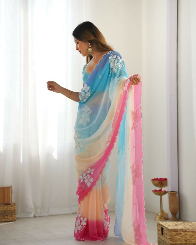 Sky Blue Georgette Pedding Color, Embroidery Work Party Wear Saree - Erisha