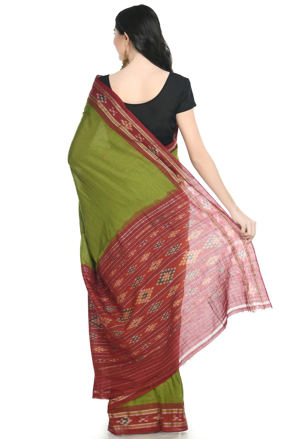 Vamika Sambalpuri Ikat Cotton Rekhabala Buti Green & Red Saree - Distacart
