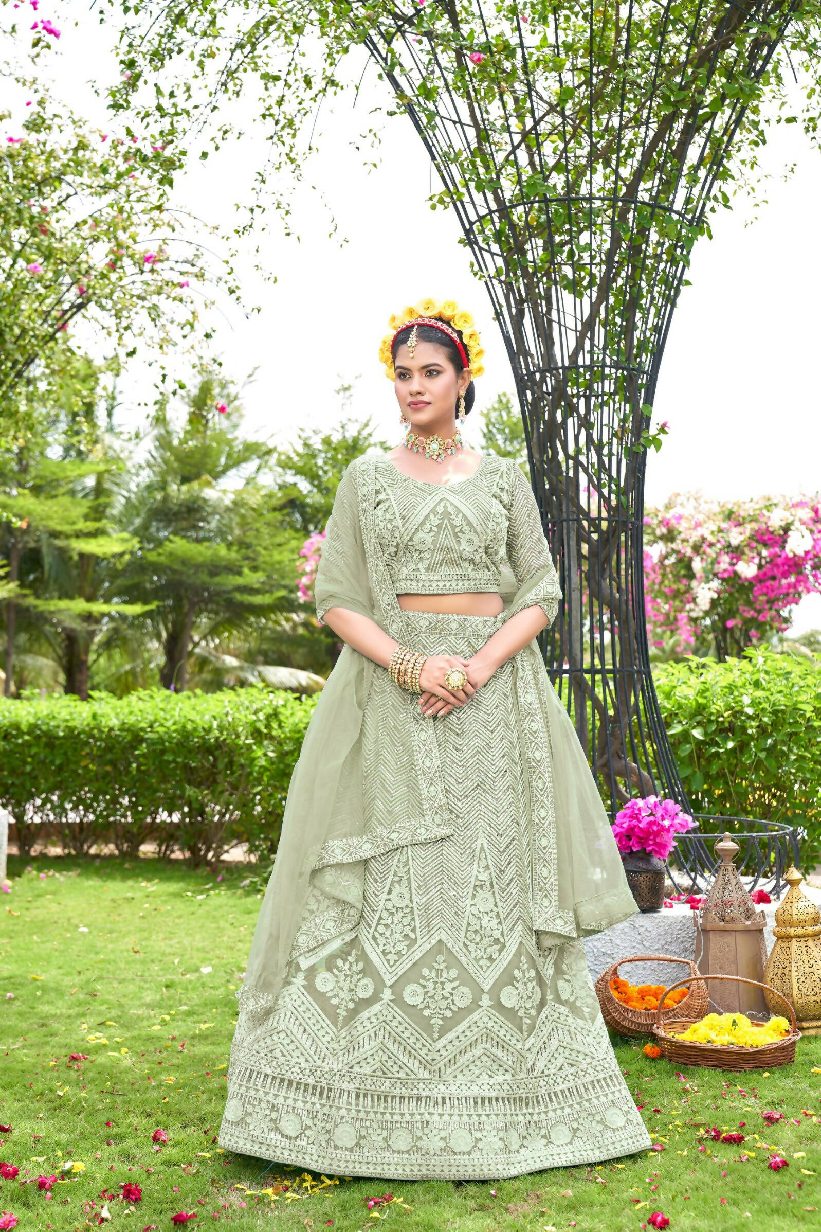 Light Green Net Embroidered Semi Stitched Lehenga Choli with Dupatta - Bhagya