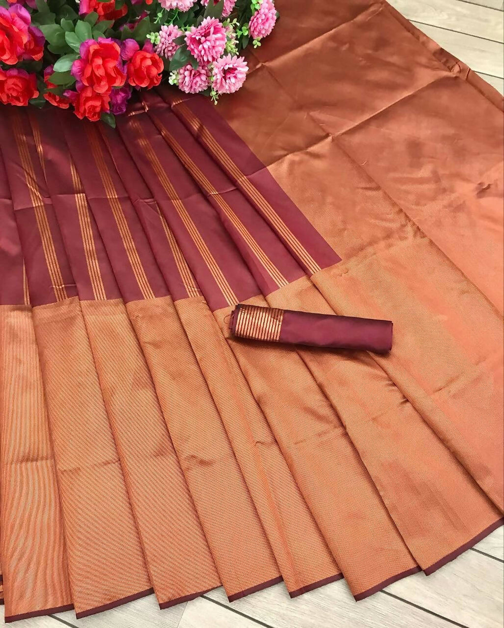 DEIANA'S Beautiful Designer Golden zari Soft Lichi Silk Saree - Brown
