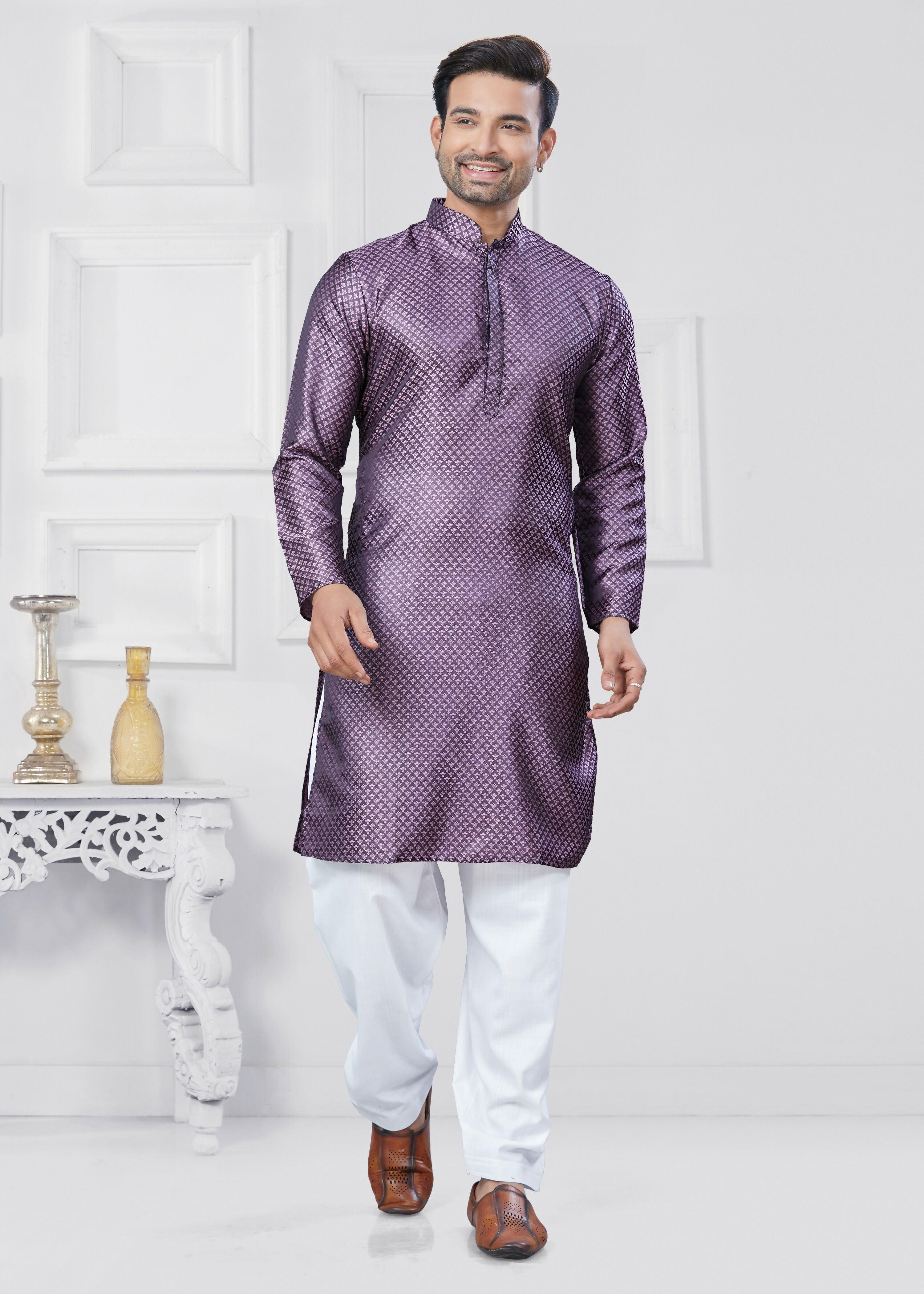 Joban Fashion Men's Jacquard Silk Purple Printed Kurta Pyjama set