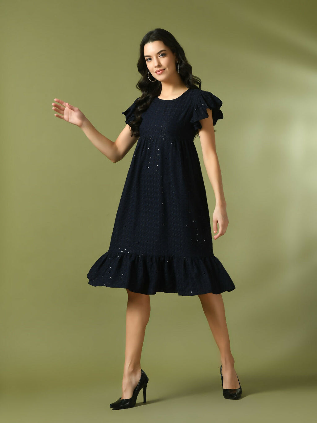 Myshka Women's Navy Blue Embroidered Cotton Round Neck A-Line Party Dress - Distacart