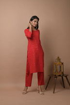 Kaajh Women's Red Solid Sequins Embellished Kurta Pant Set - Distacart