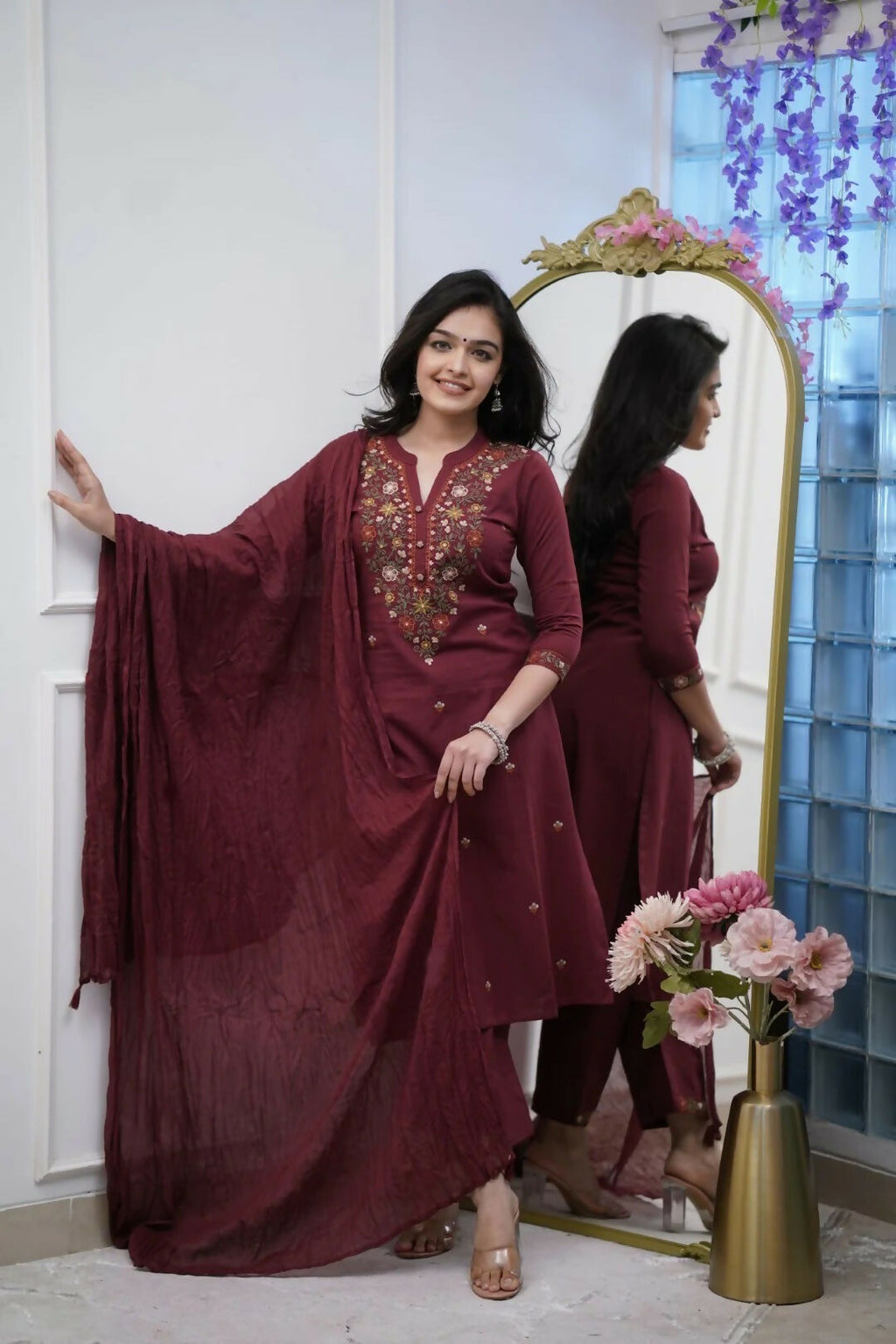 The52 Women's Beautiful Rayon Slub Fabric Thread Work Straight Kurta Pant and Dupatta Set - Distacart
