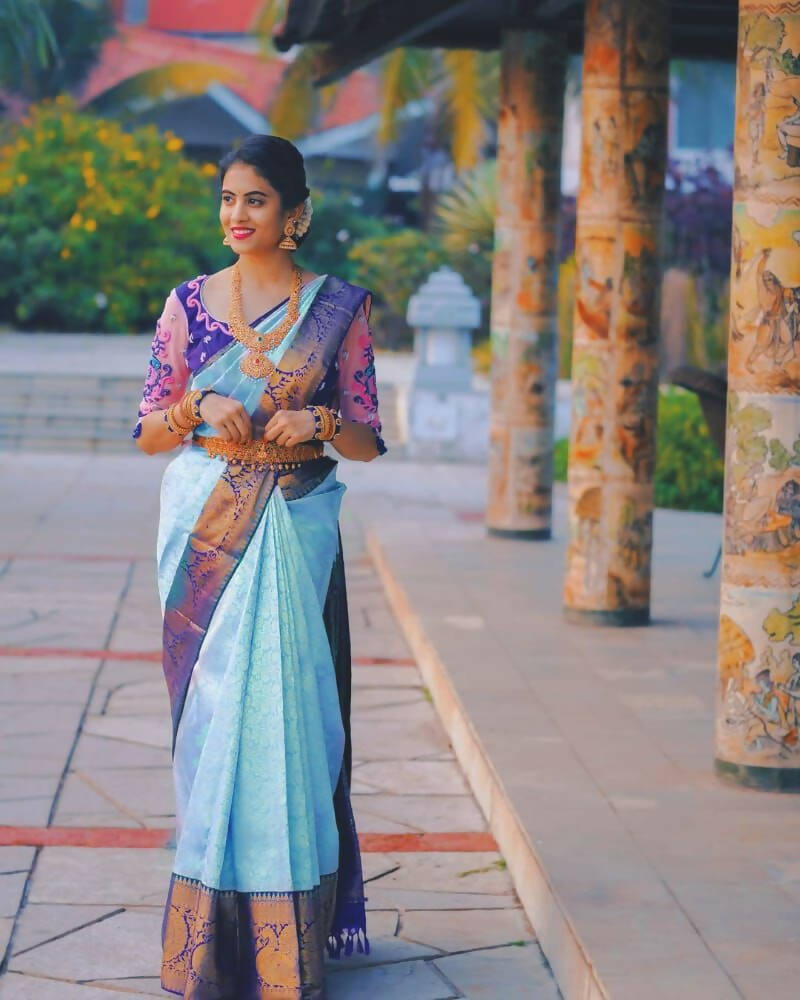 DEIANA'S Beautiful Designer Golden zari Soft Lichi Silk Saree - Sky