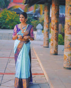 DEIANA'S Beautiful Designer Golden zari Soft Lichi Silk Saree - Sky