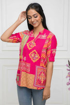 Myshka Women Red Floral Mandarin Collar Regular Sleeves Viscose Rayon Top - Distacart