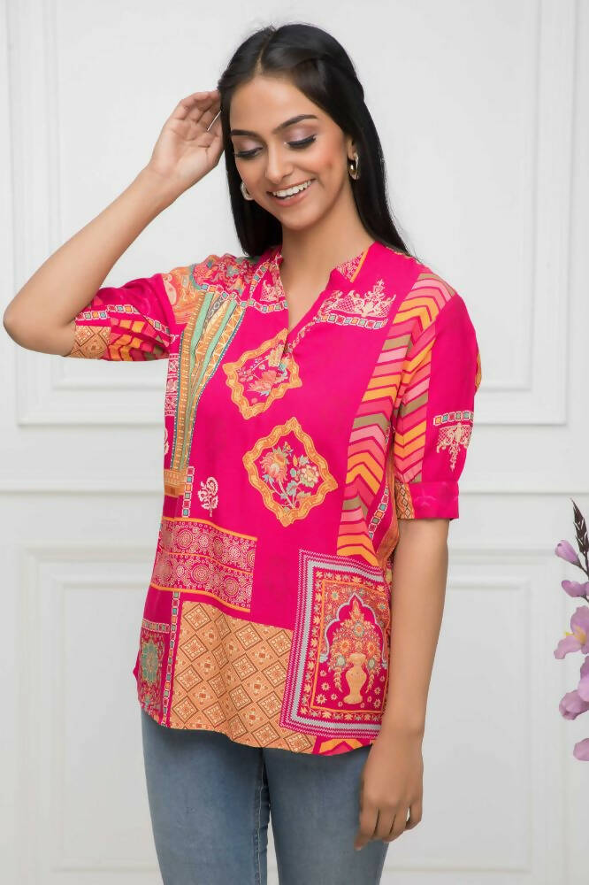 Myshka Women Red Floral Mandarin Collar Regular Sleeves Viscose Rayon Top - Distacart