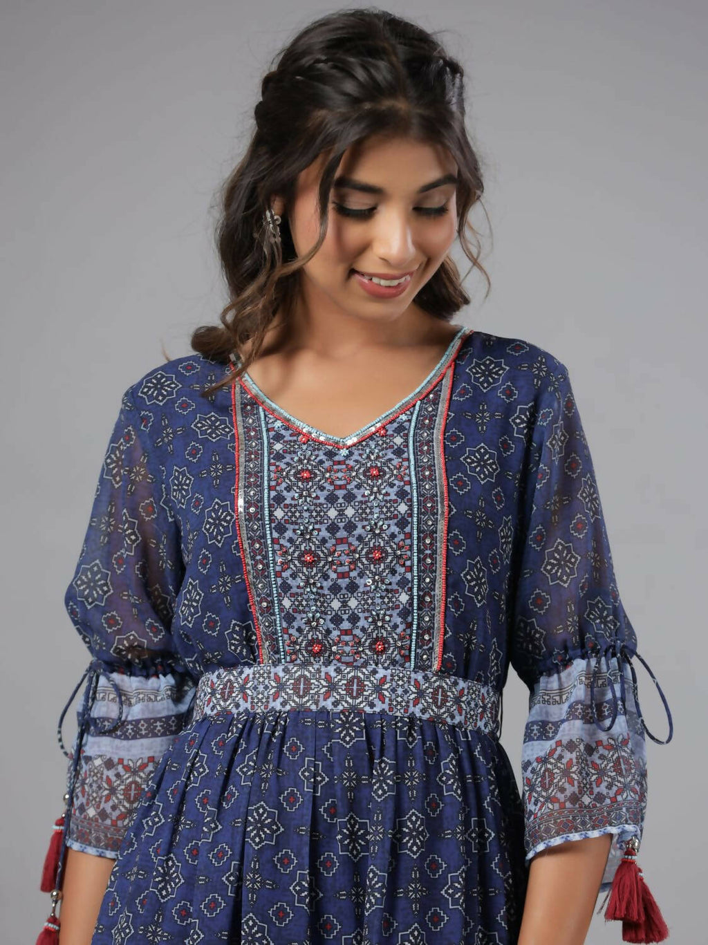 Juniper Women Navy Blue Georgette Geometric Printed Tiered Maxi Dress - Distacart