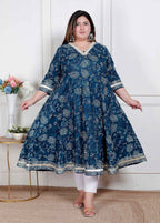 Miravan Plus Size Women'S Blue Cotton Embroidered Neck Anarkali Kurta - Distacart