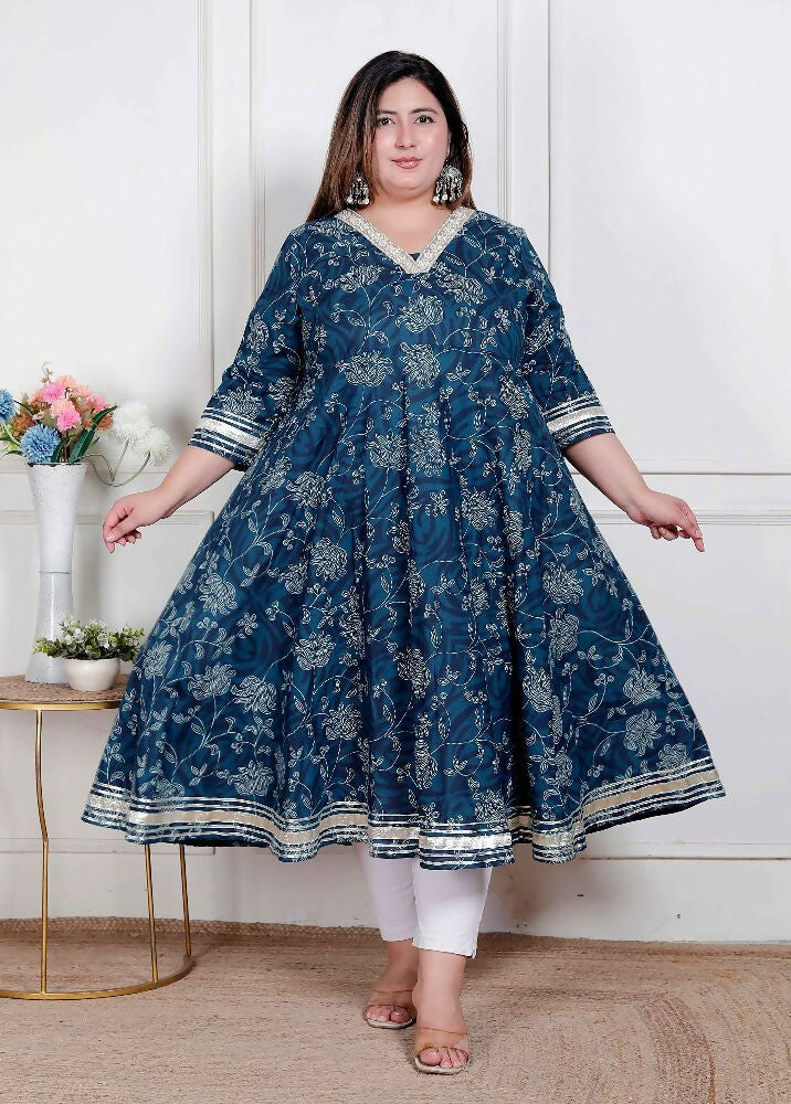 Miravan Plus Size Women'S Blue Cotton Embroidered Neck Anarkali Kurta - Distacart