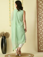 Myshka Women's Green Georgette Sleeveless Straight Party Kurta With Dupatta Set