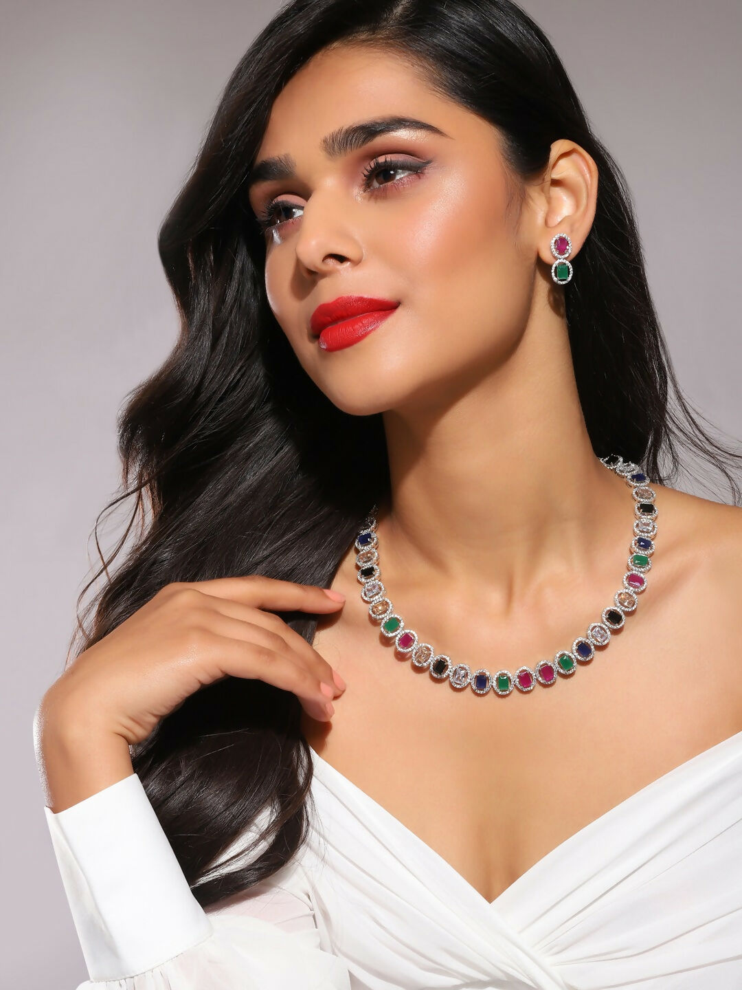 Diamond & Semi Precious Stone Neckpiece with Small Earrings- Ruby Raang