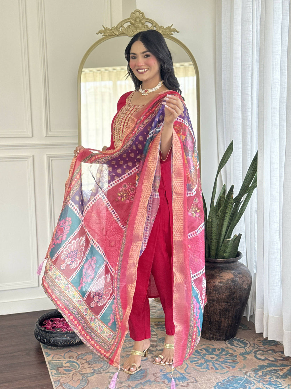 The52 Rani Gorgeous Embroidered Chanderi Silk Fabric Straight Kurta Pant with Dupatta Set - Distacart
