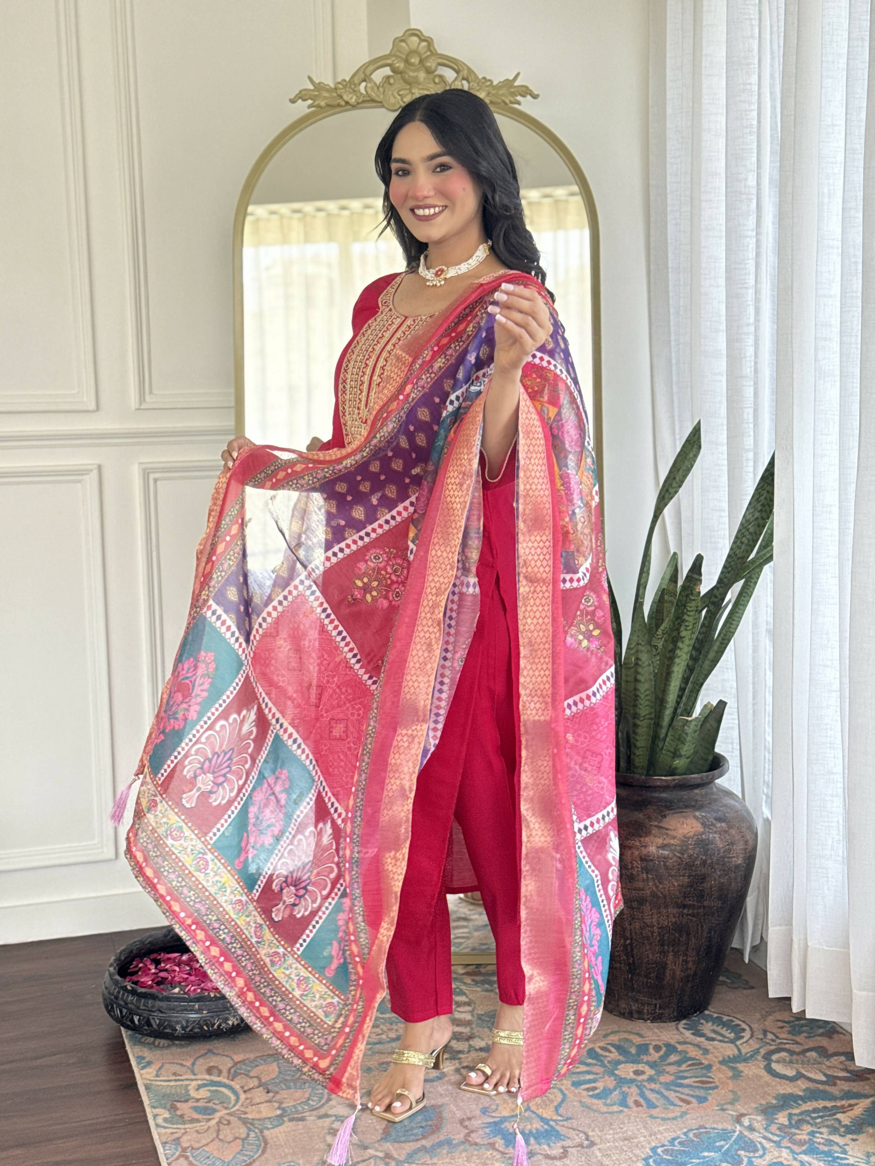 The52 Rani Gorgeous Embroidered Chanderi Silk Fabric Straight Kurta Pant with Dupatta Set - Distacart