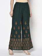 Aniyah Rayon Bottle Green Color Block Print Flared Slip-On Palazzo (AN-219K)