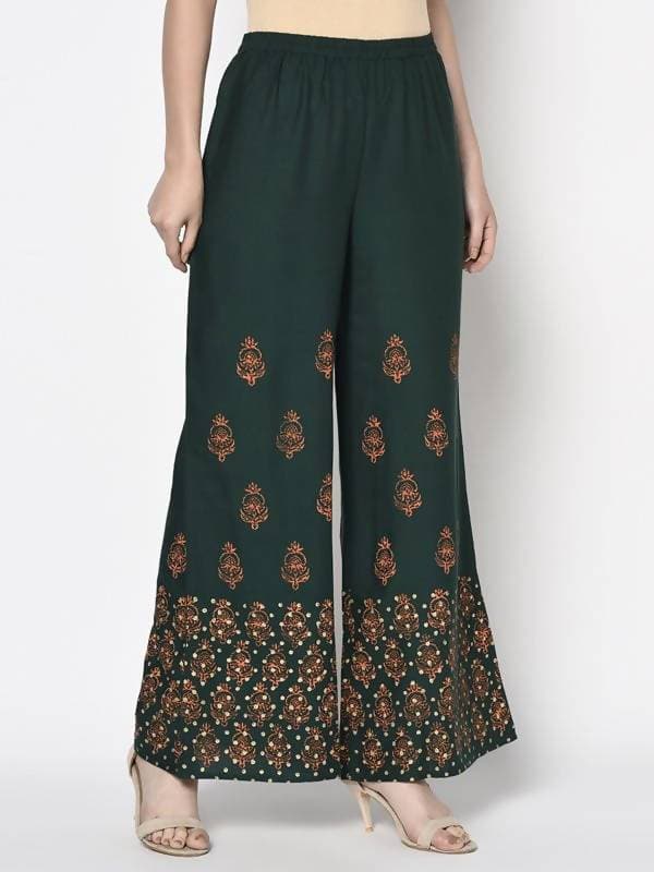 Aniyah Rayon Bottle Green Color Block Print Flared Slip-On Palazzo (AN-219K)