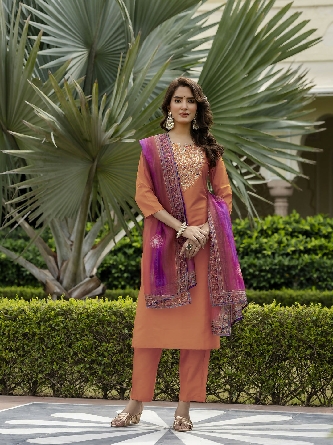 The52 Orange Women's Gorgeous Embroidered Rayon Fabric with Straight Kurta, Pant and Dupatta Set - Distacart