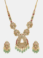 Ruby Raang 22k Gold Polished Long Kundan Heavy Maharani Necklace With Earrings