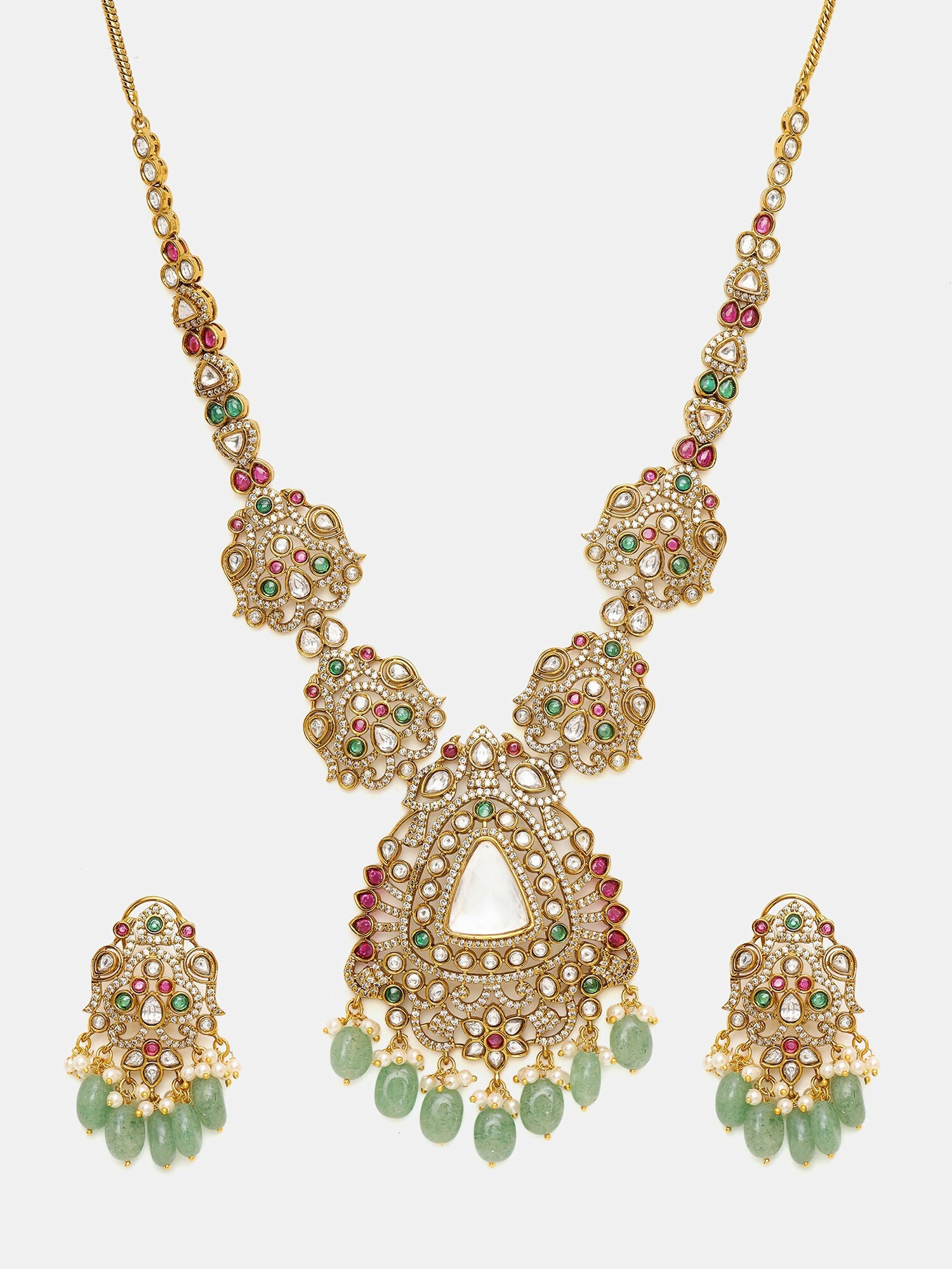 Ruby Raang 22k Gold Polished Long Kundan Heavy Maharani Necklace With Earrings