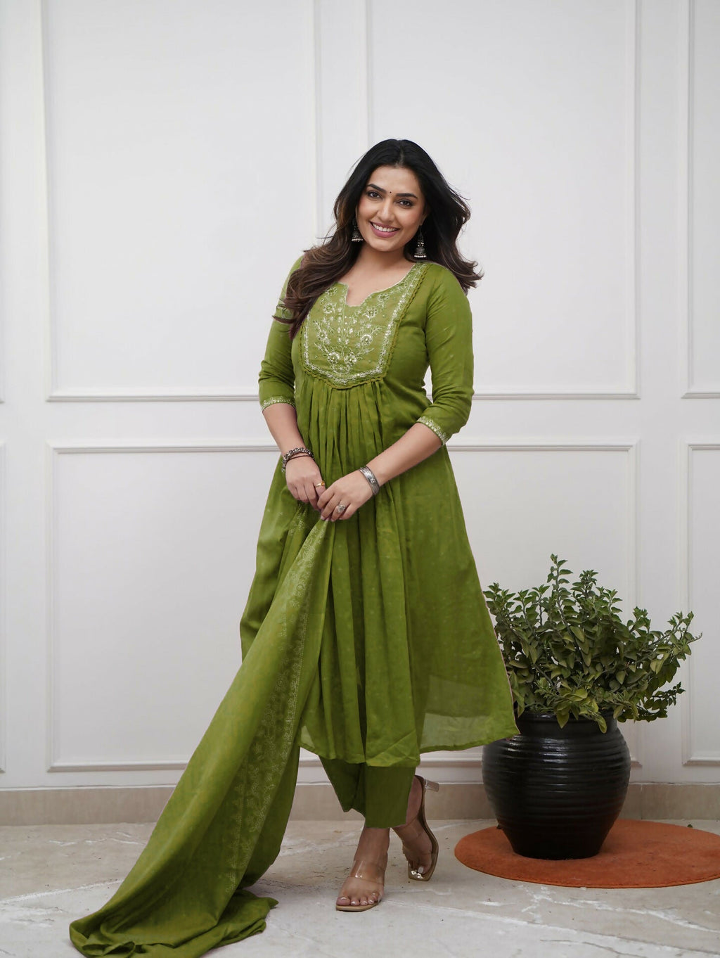 The52 Women's Beautiful Cotton Fabric Embroidery Work Straight Kurta Pant and Dupatta Set - Distacart