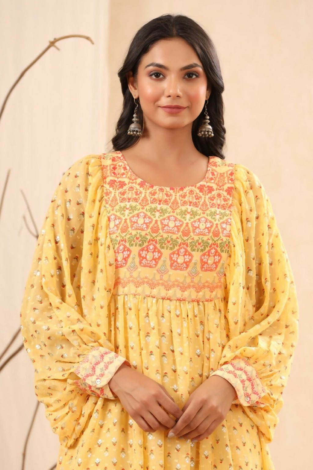 Juniper Yellow Ethnic Motif Printed Georgette Midi Dress With Sequins Work - Distacart