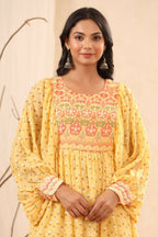Juniper Yellow Ethnic Motif Printed Georgette Midi Dress With Sequins Work - Distacart