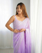 Attractive Looking Georgette Thread, Sequance Embroidery Work Party Wear Saree - Lavender