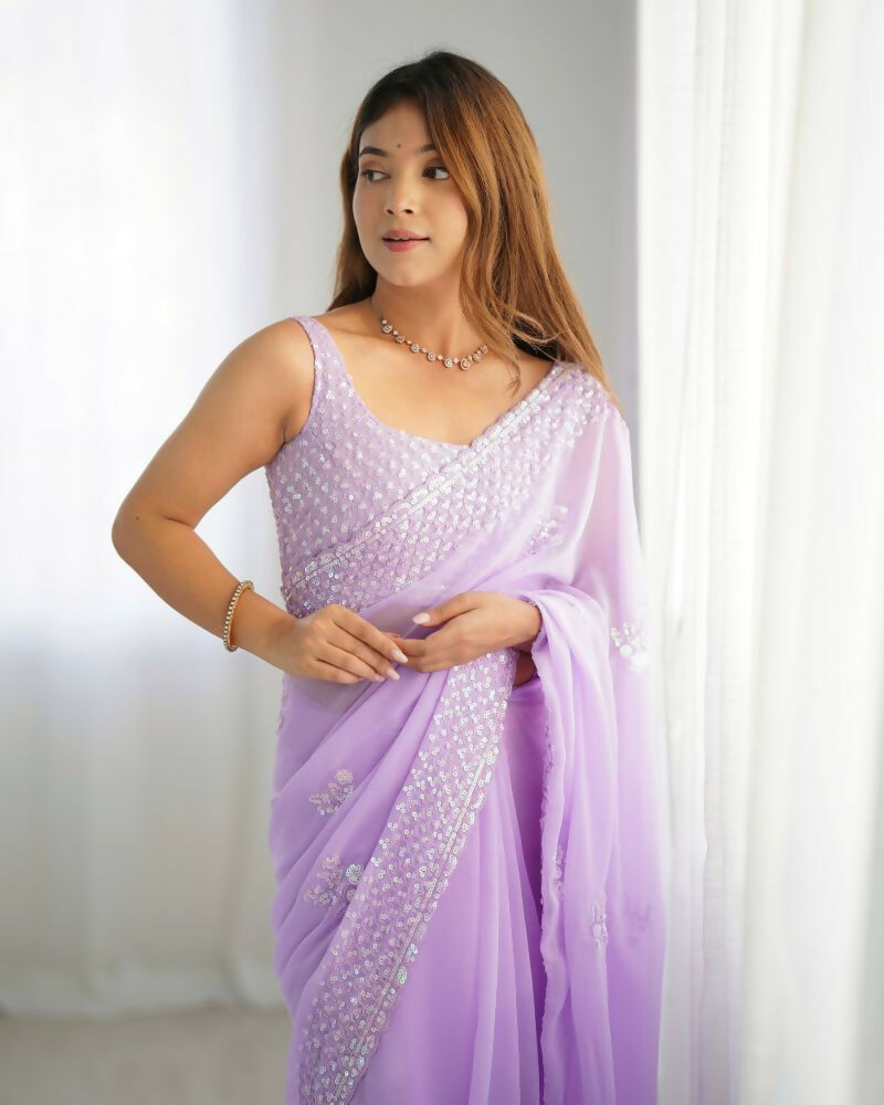 Attractive Looking Georgette Thread, Sequance Embroidery Work Party Wear Saree - Lavender