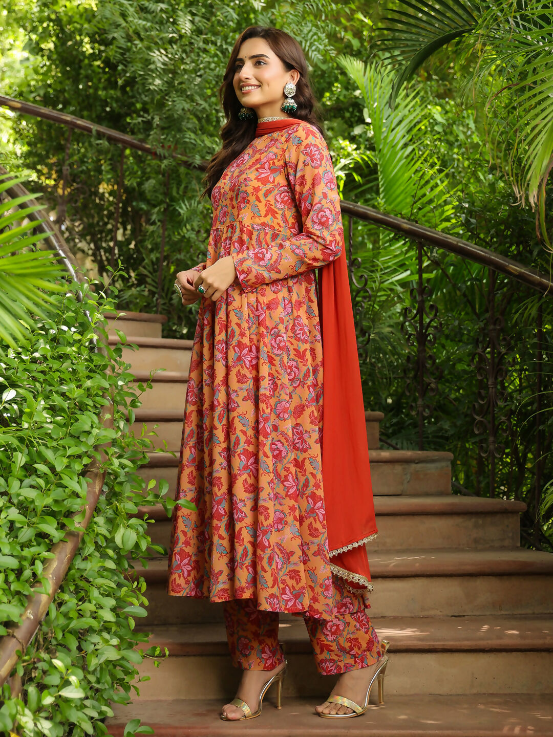 Janasya Mustard Georgette Floral Kurta,Bottom & Dupatta