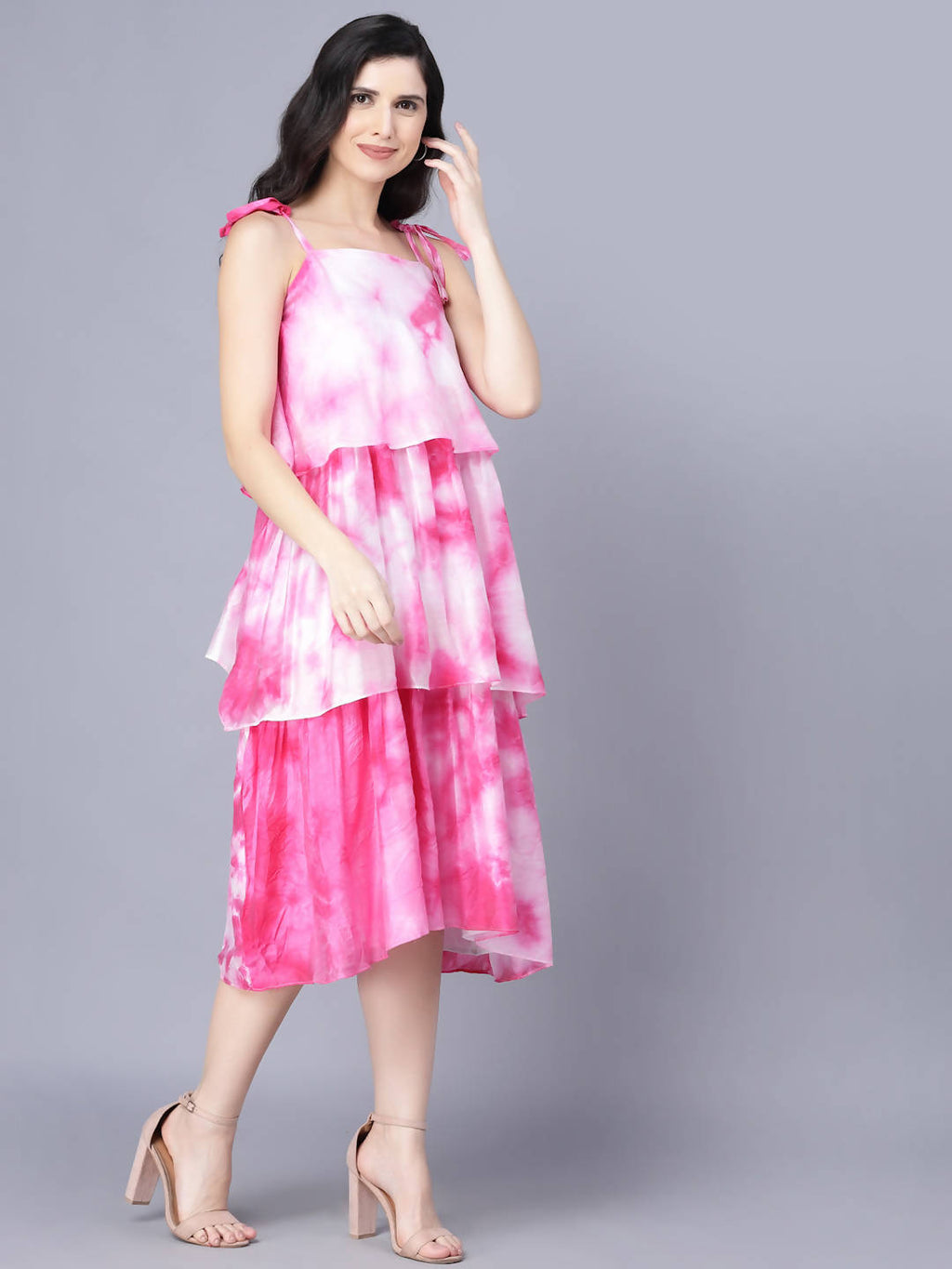 Myshka Women White Tie and Dye Dyed Layered A-Line Midi Dress - Distacart