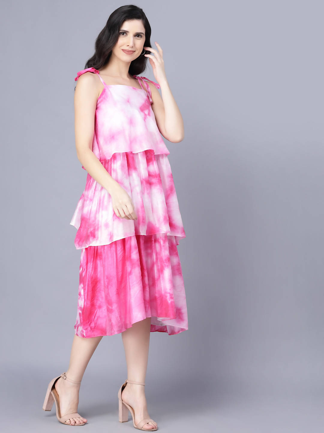 Myshka Women White Tie and Dye Dyed Layered A-Line Midi Dress - Distacart