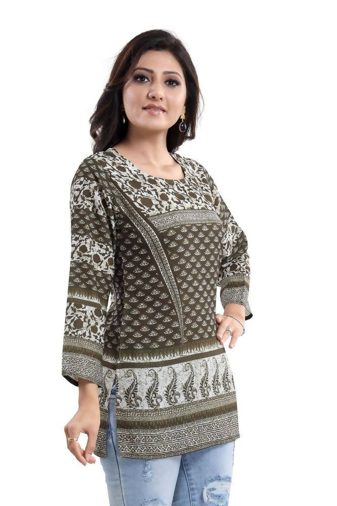 Snehal Creations Admirable Mehendi Green Summer Cool Printed Tunic