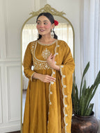 The52 Mustard Women's Gorgeous Embroidered Vichitra Silk Fabric Flared Kurta Pant with Dupatta Set - Distacart