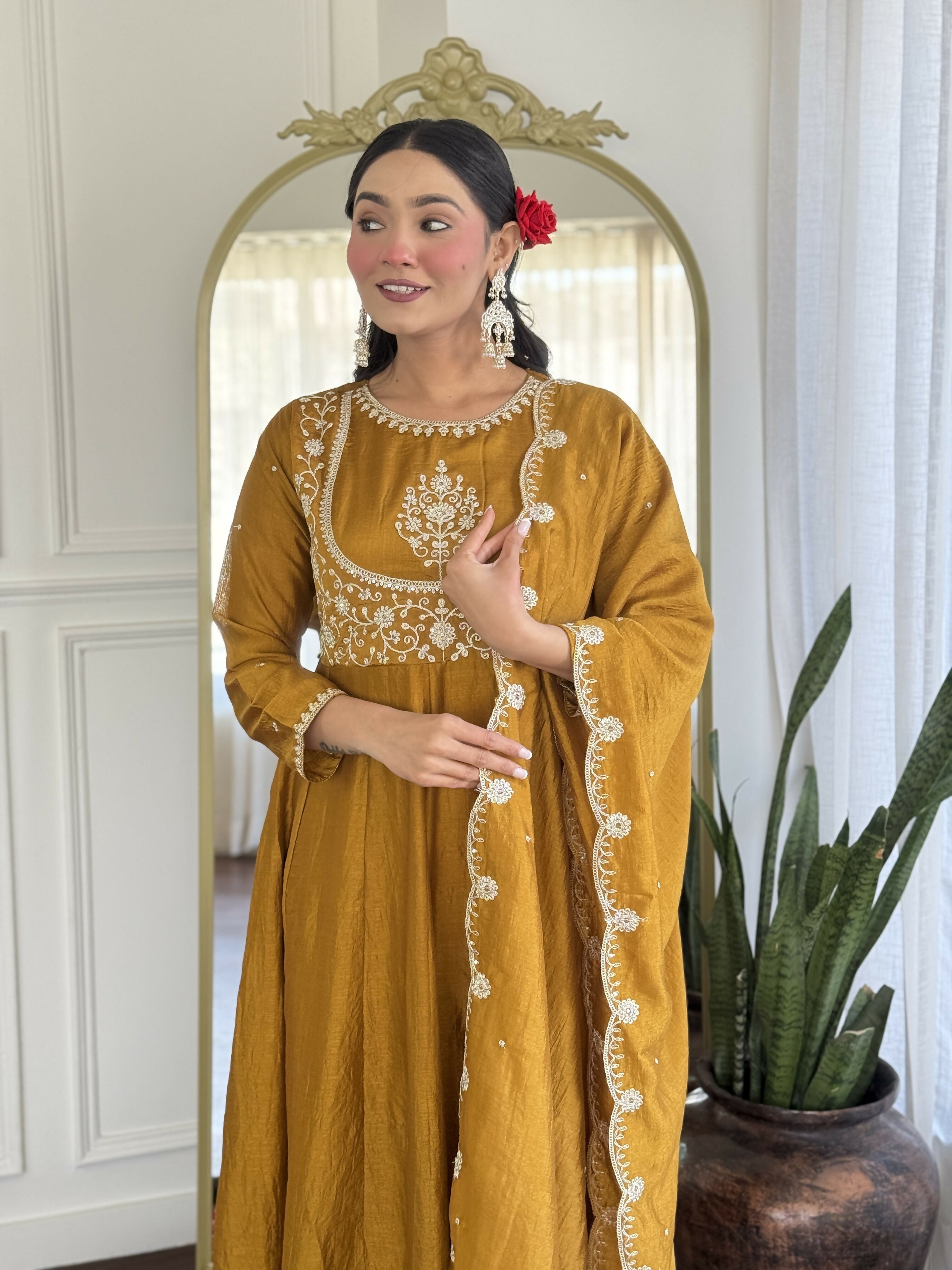 The52 Mustard Women's Gorgeous Embroidered Vichitra Silk Fabric Flared Kurta Pant with Dupatta Set - Distacart