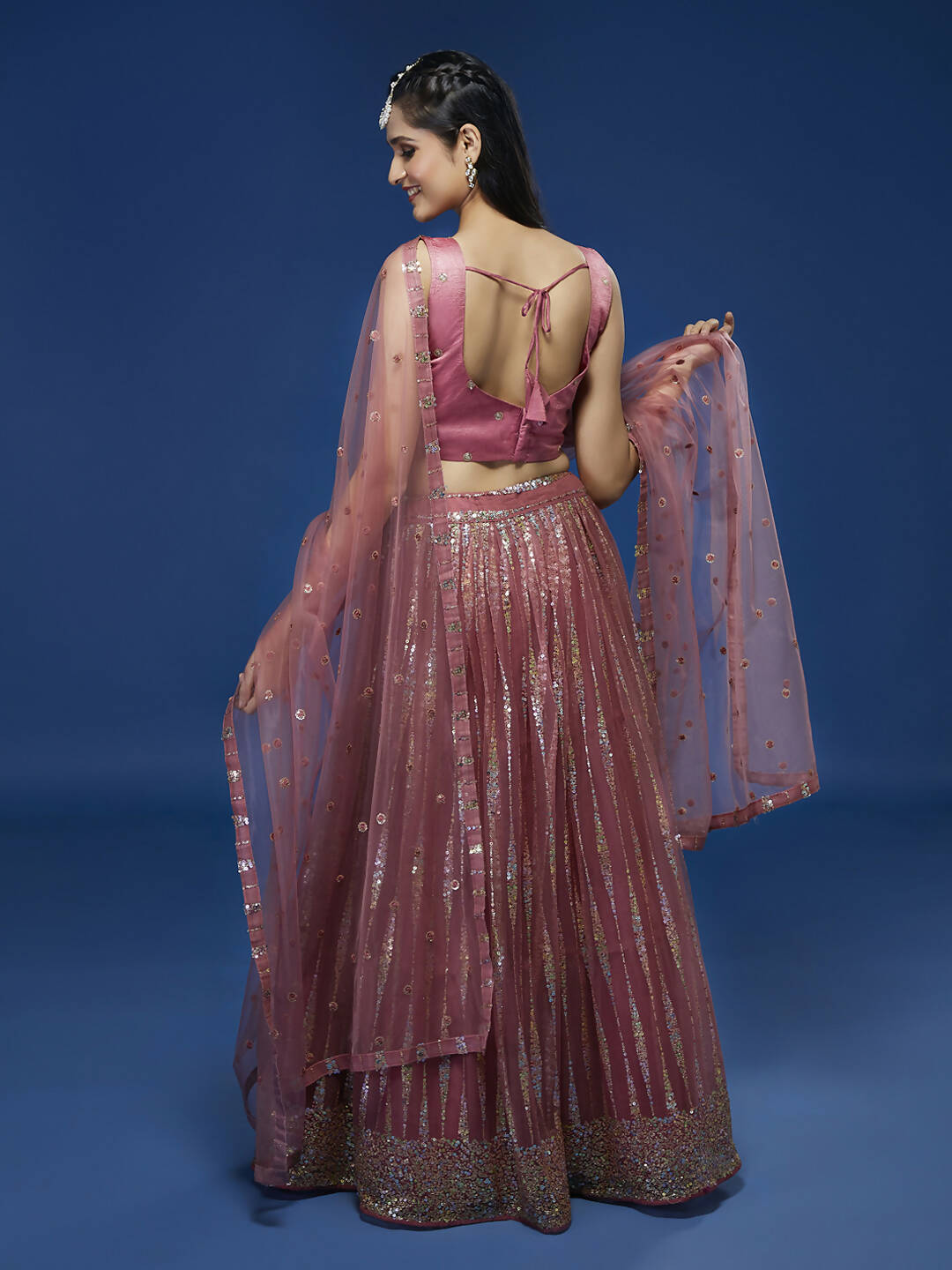 House of Panchhi Rose Gold Net Sequinse Work Lehenga & Blouse, Dupatta