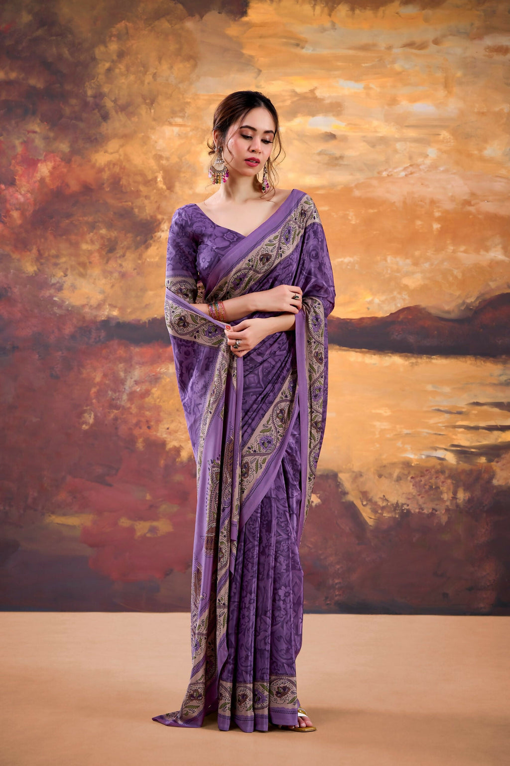 Vastranavya Purple Crepe Printed Saree with Unstitched Blouse - Distacart