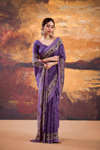 Vastranavya Purple Crepe Printed Saree with Unstitched Blouse - Distacart