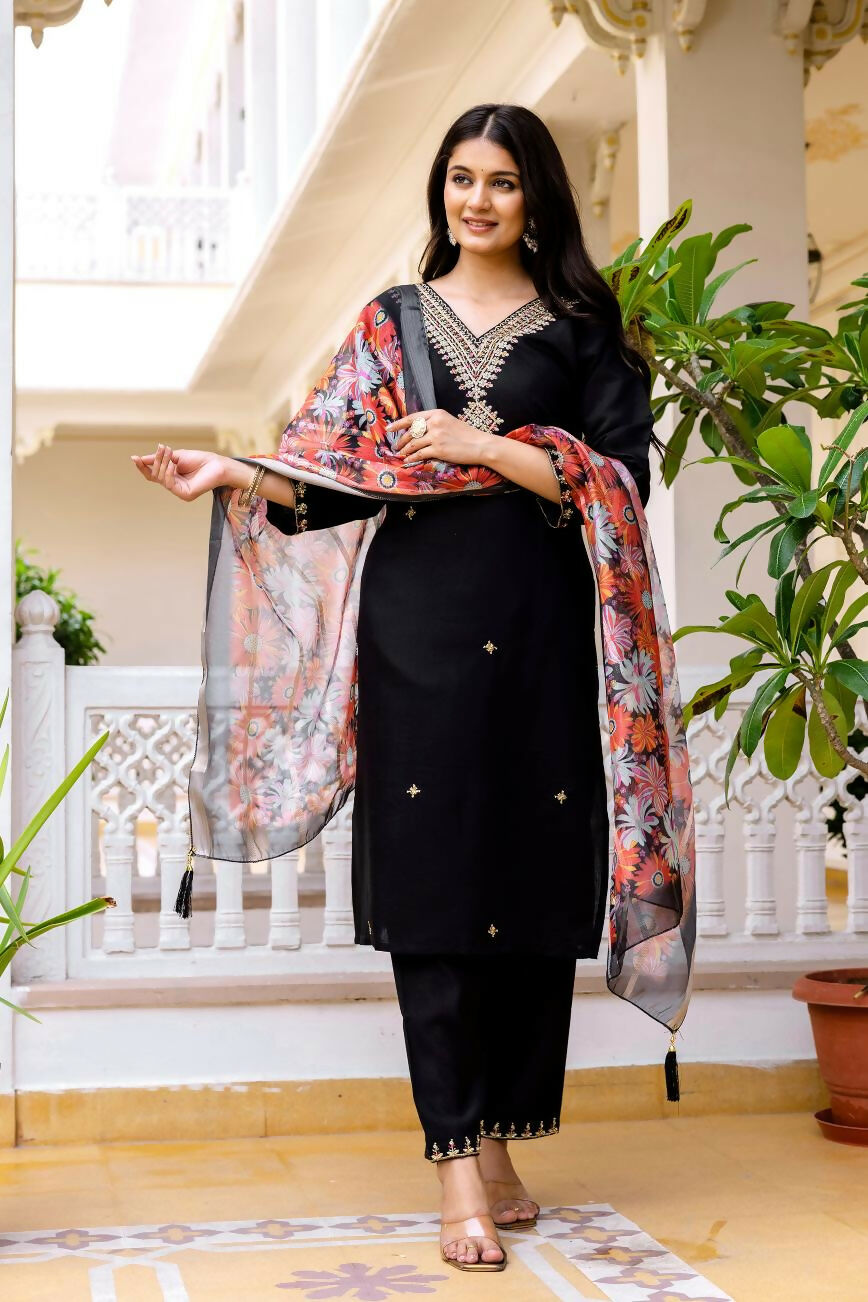 The52 Black Women's Beautiful Viscose Chanderi Fabric Embroidered Work Straight Kurta Pant and Dupatta Set - Distacart