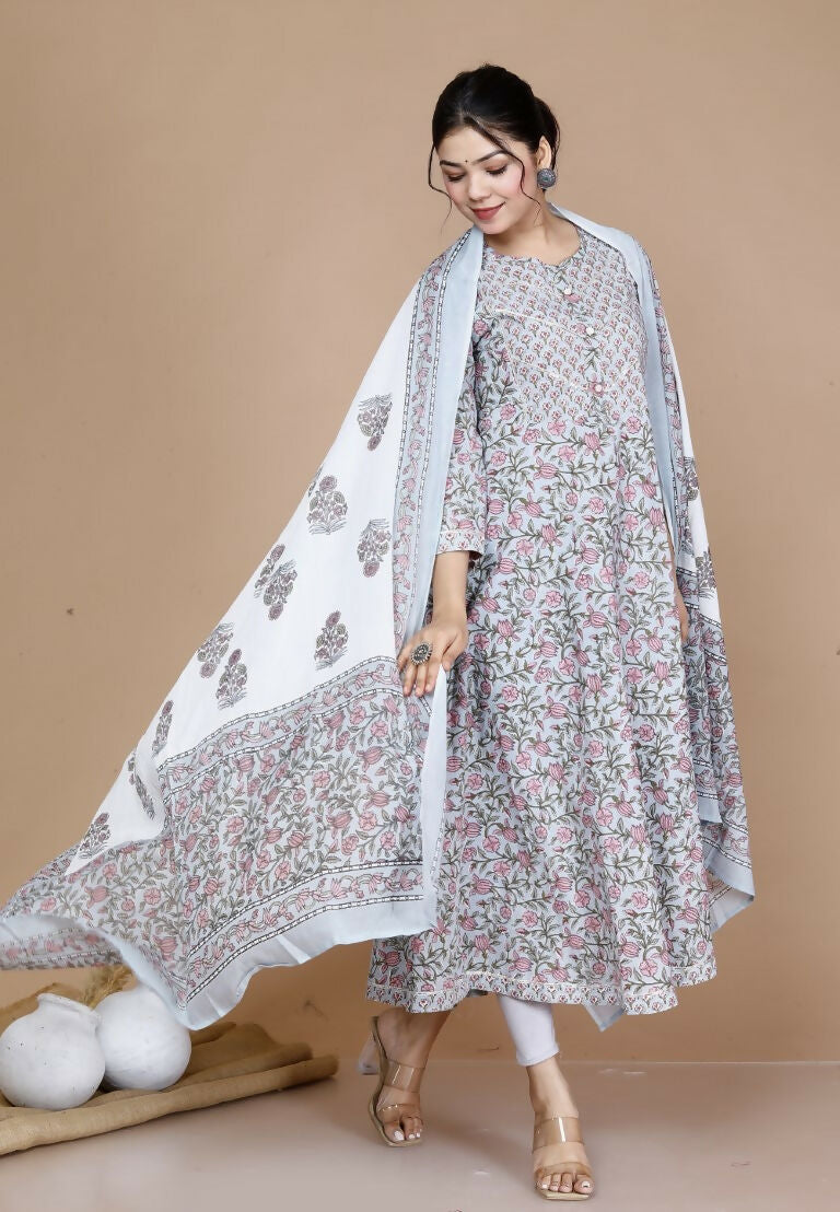 Miravan Women's Blue Printed With Gota Patti Work Anarkali Kurta With Dupatta